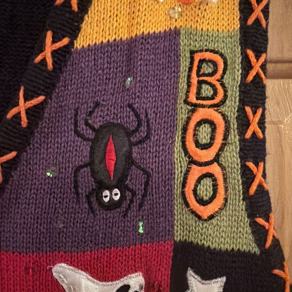 Vintage Halloween Patchwork Sweater Vest XL Black Cat Pumpkin Sequin Spooky.EUC! - Picture 13 of 16